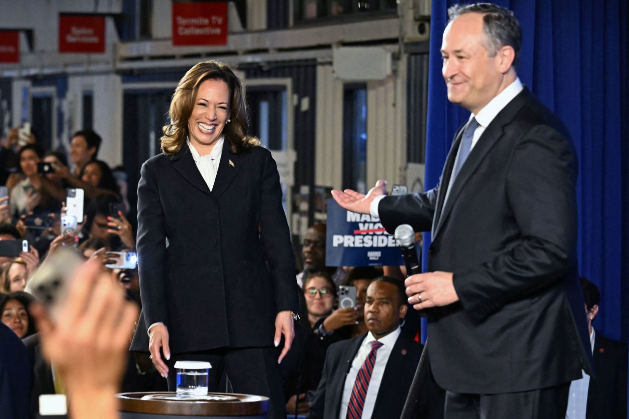 Emhoff attend a watch party after a presidential debate with former US President and Republican presidential candidate Donald Trump at the Cherry Street Pier in Philadelphia on September 10.