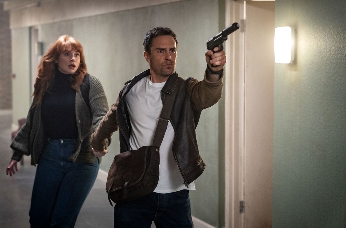 Bryce Dallas Howard and Sam Rockwell as an author and spy, respectively, in "Argylle."
