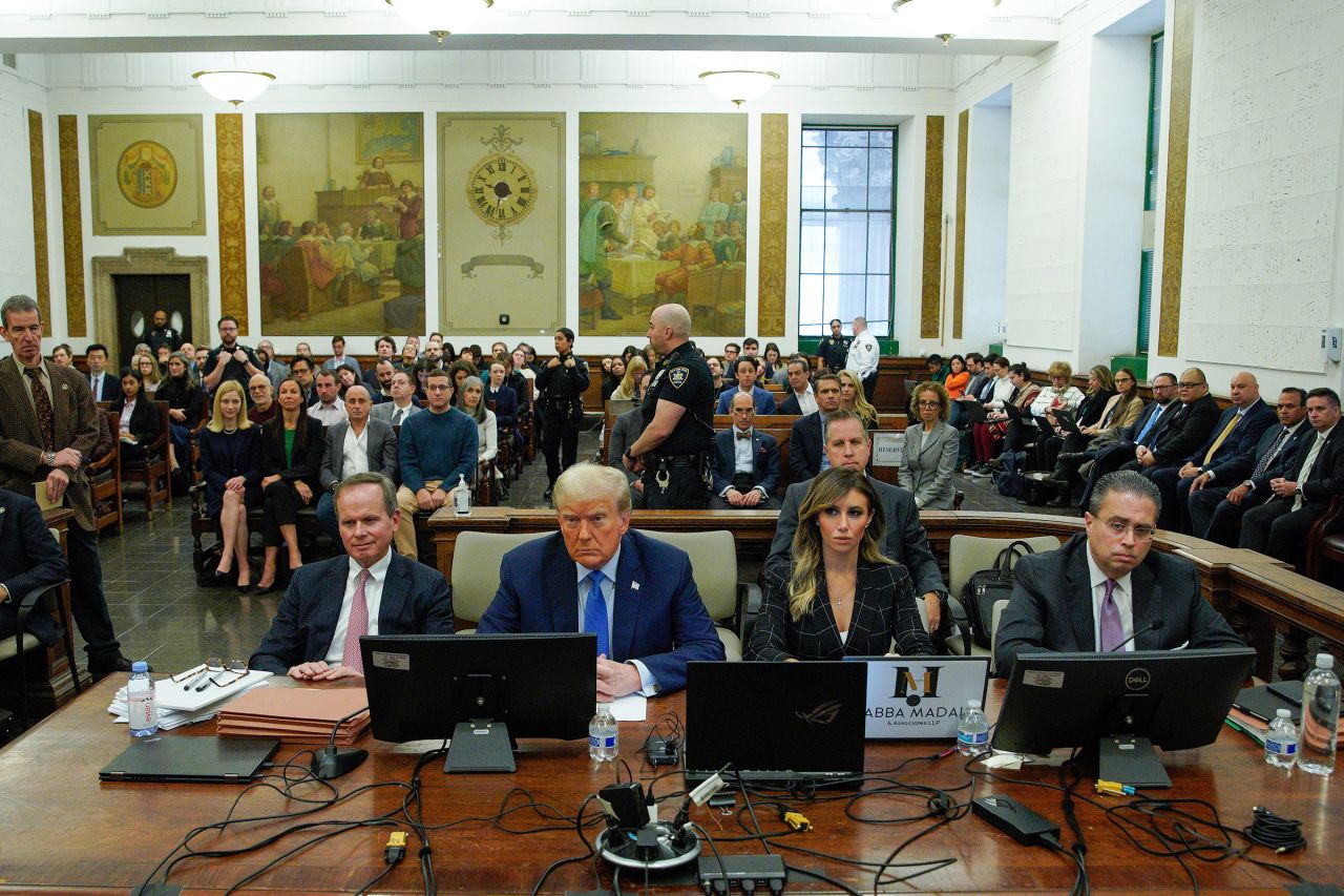 Former President Donald Trump, second from left, waits to take the witness stand at New York Supreme Cout on Monday, November 6, 2023. He's joined by his attorneys Chris Kise, left, Alina Habba, second from right, and Robert Clifford.