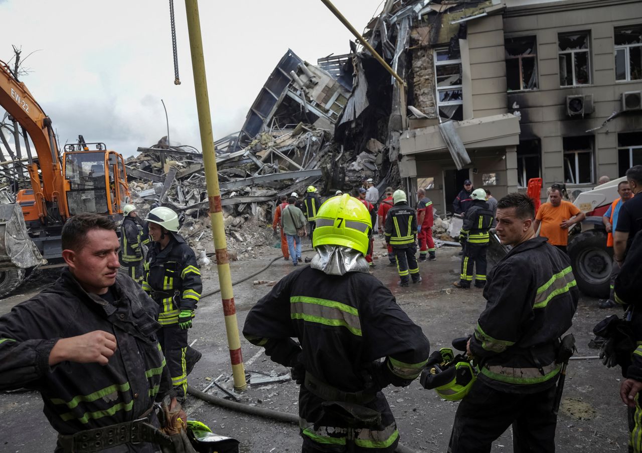 Rescuers work at a site of a building heavily damaged by a Russian missile attack in central?Odesa, Ukraine, on July 20.