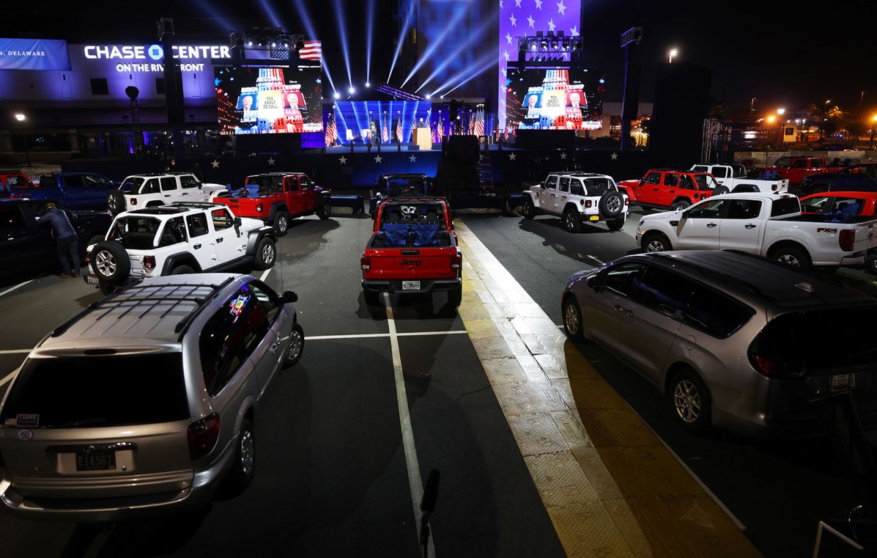 Vehicles sit parked at a drive-in election night event for Democratic presidential nominee Joe Biden at the Chase Center on November 3, in Wilmington, Delaware.