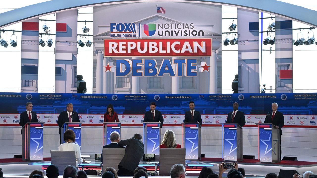 North Dakota Gov. Doug Burgum, former Gov. of New Jersey Chris Christie, former Gov. from South Carolina and UN ambassador Nikki Haley, Florida Gov. Ron DeSantis, entrepreneur Vivek Ramaswamy, US Senator from South Carolina Tim Scott and former US Vice President Mike Pence attend the second Republican presidential primary debate at the Ronald Reagan Presidential Library in Simi Valley, California, on September 27, 2023.