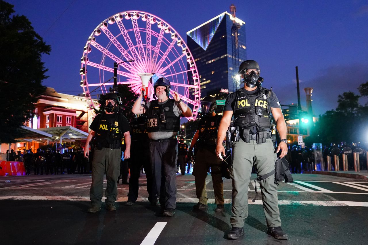 Police form a line while trying to break up a demonstration on May 31 in Atlanta, Georgia. 