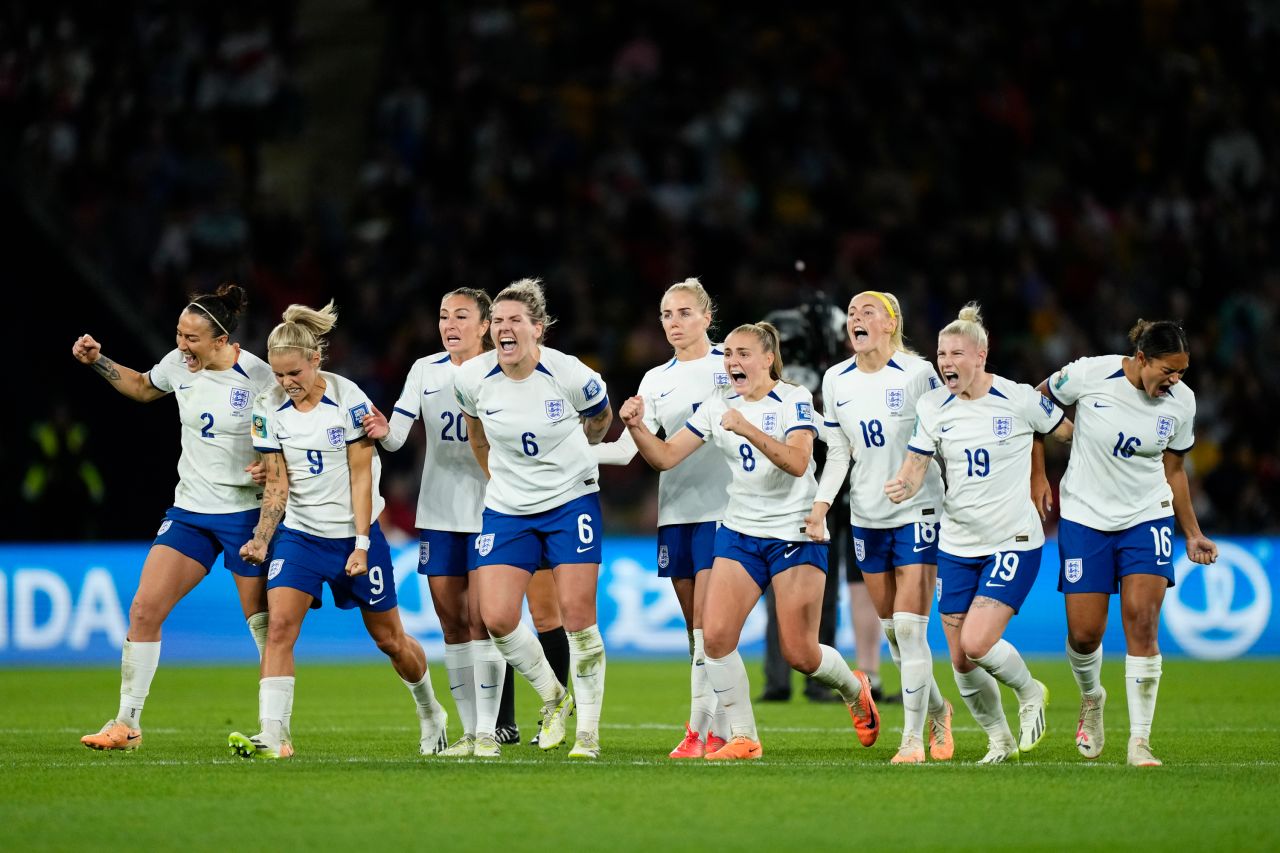 England celebrates their victory against Nigeria at Brisbane Stadium on August 7, in Brisbane, Australia.