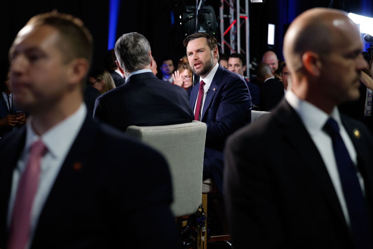 Sen. JD Vance speaks to reporters in the spin room following the presidential debate between former President Donald Trump and Vice President Kamala Harris at The National Constitution Center on September 10 in Philadelphia.