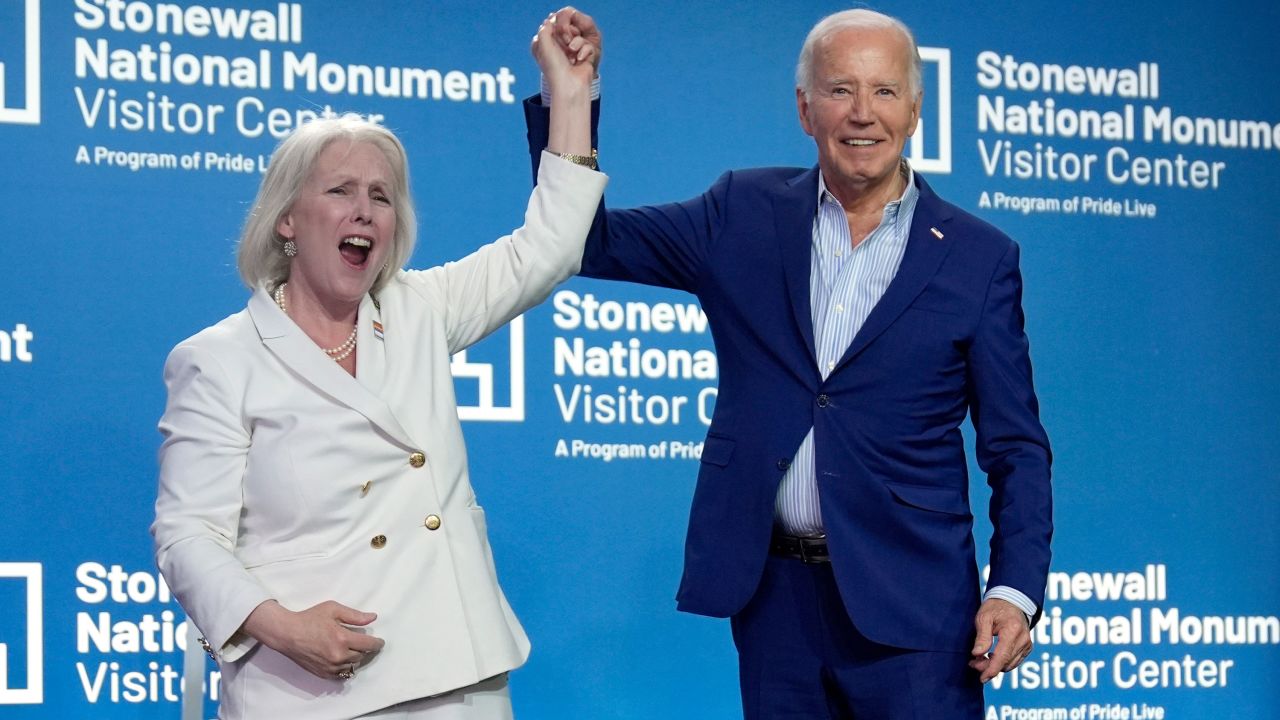 President Joe Biden and Sen. Kirstin Gillibrand attend an event at Stonewall Inn in New York on Friday. 