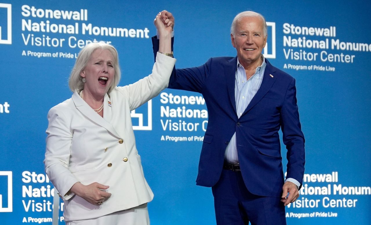 President Joe Biden and Sen. Kirstin Gillibrand attend an event at Stonewall Inn in New York on Friday. 