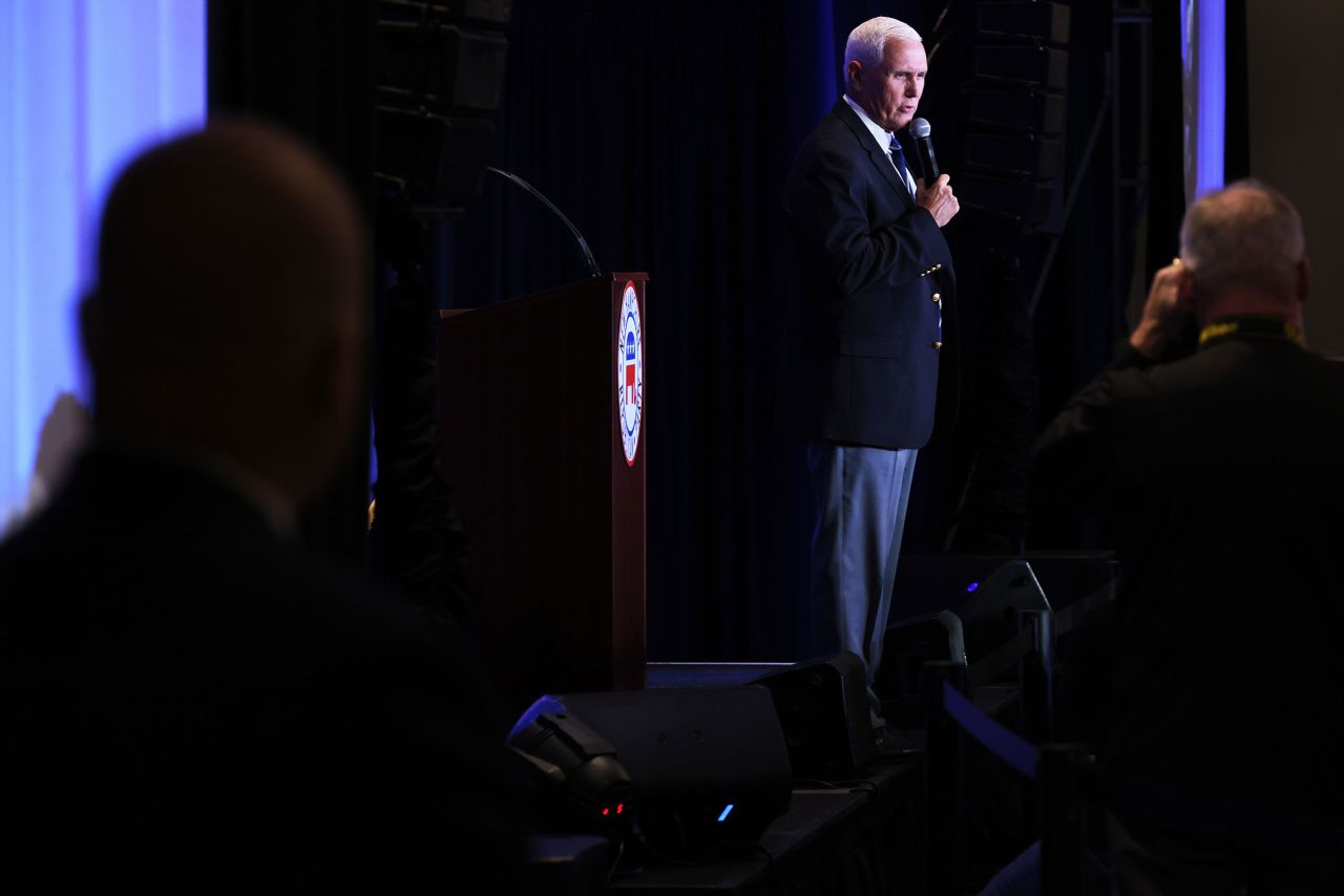 Former Vice President Mike Pence speaks during the 2023 First in the Nation Leadership Summit on October 14, 2023 in Nashua, New Hampshire. 