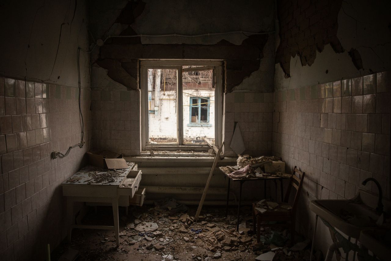 Debris is seen in a destroyed hospital used as a Russian base on December 15, 2022, in Kupiansk. 