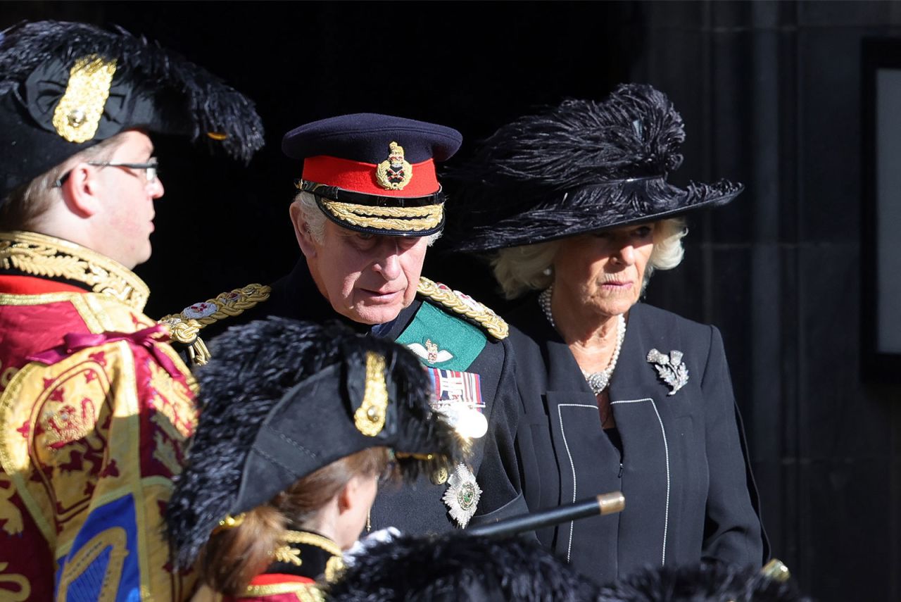 King Charles III and Camilla, the Queen Consort, are seen outside St. Giles' Cathedral?on Monday.