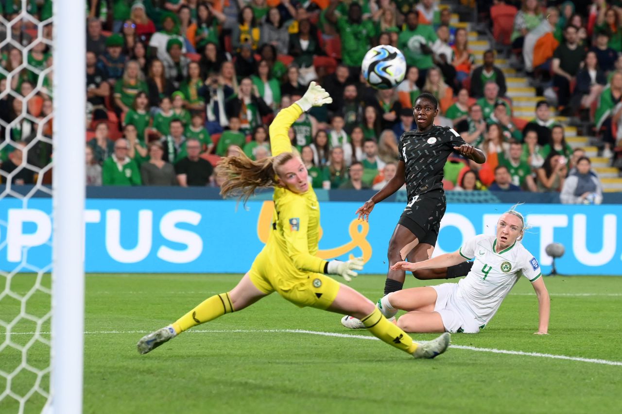 Nigeria's Asisat Oshoala misses a chance at a goal against Ireland during the match at Brisbane Stadium in Brisbane, Australia, on July 31. 