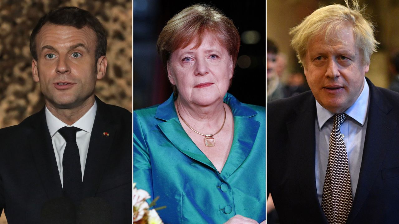 L-R: French President Emmanuel Macron, German Chancellor Angela Merkel and British Prime Minister Boris Johnson