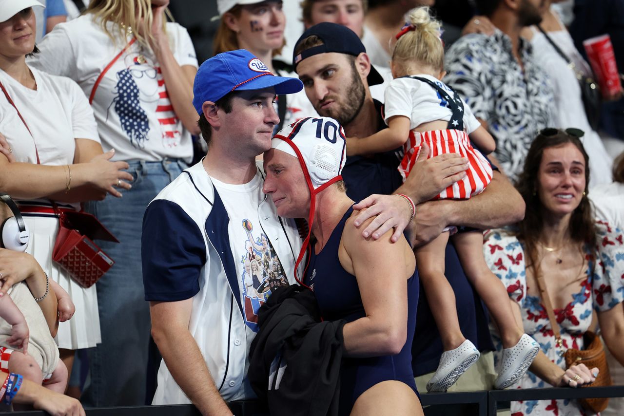 Kaleigh Gilchrist of Team United States is consoled following defeat in the women's bronze medal match on August 10.