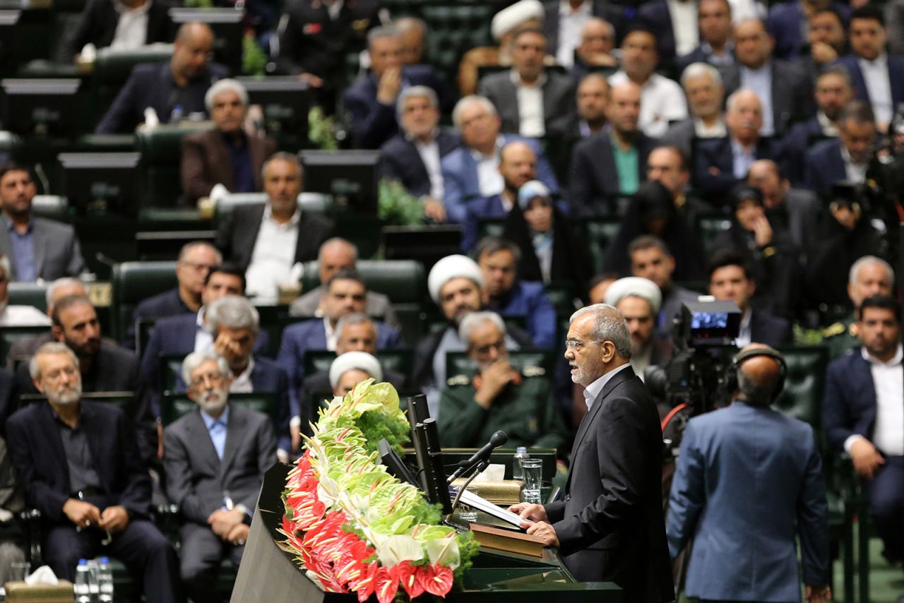 Iran's newly elected President Masoud Pezeshkian attends his swearing-in ceremony on July 30 in Tehran. The ceremony held in the parliament was attended by representatives from 86 countries as well as senior military and civilian officials of Iran.?