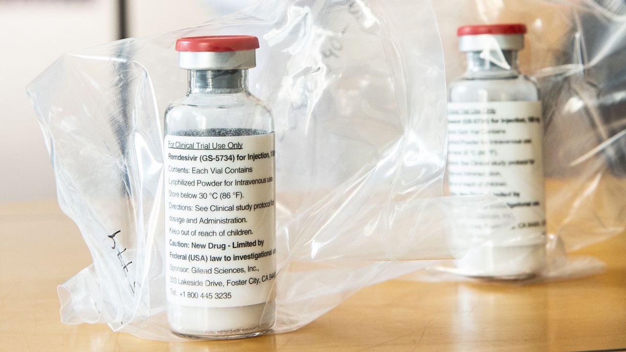 Vials of the drug Remdesivir shown during a press conference in Hamburg, Germany on April 8.