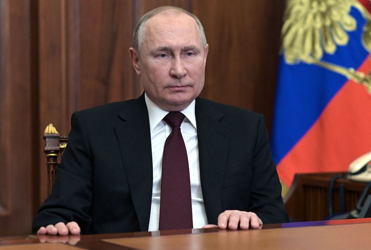 Russian President Vladimir Putin delivers an address from Moscow on February 21.