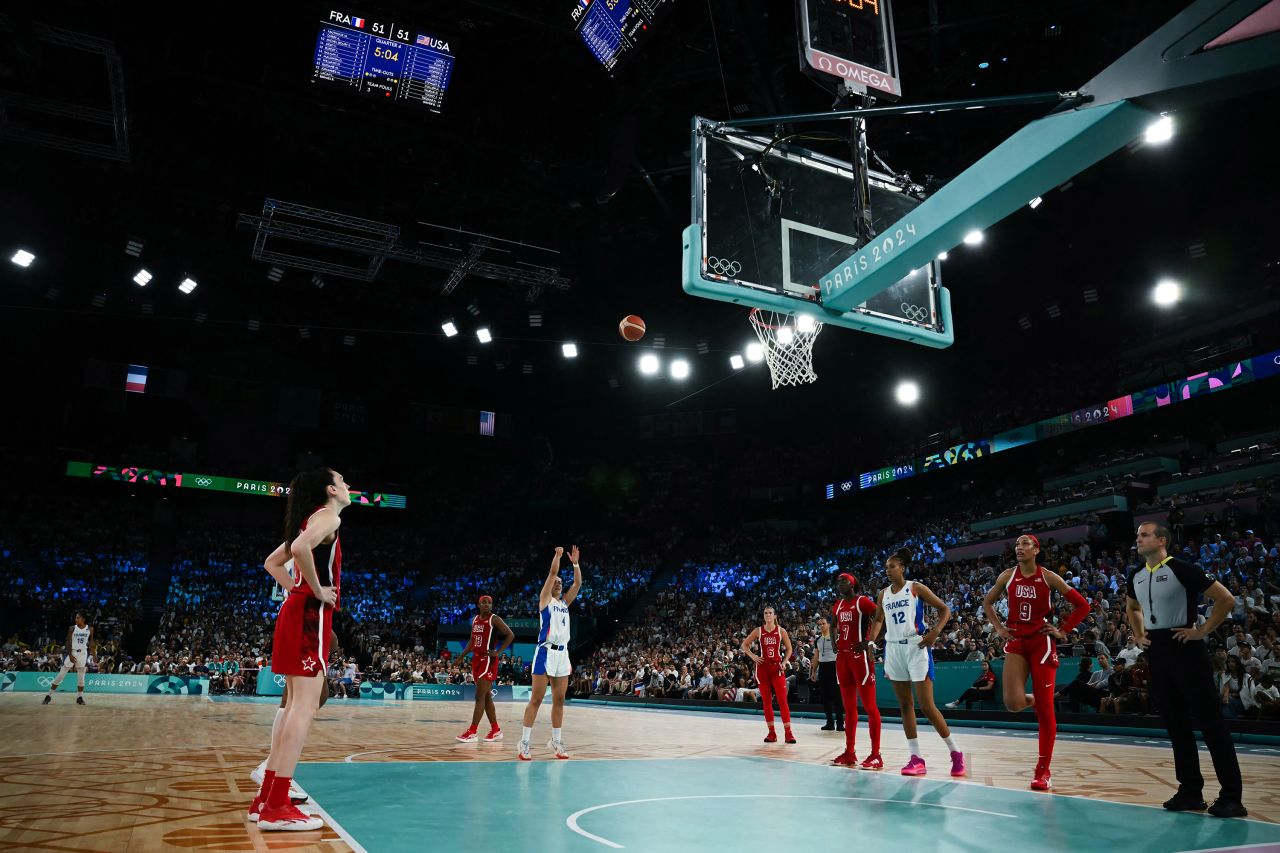 French basketball player Marine Fauthoux takes a free throw during the last quarter of a game against the United States on August 11.