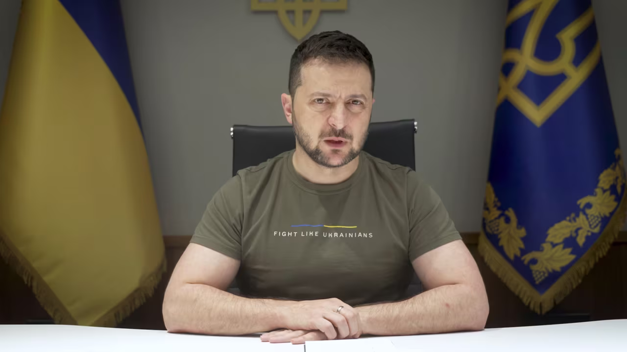 Ukrainian President Volodymyr Zelensky speaks during his evening video message on October 28. 