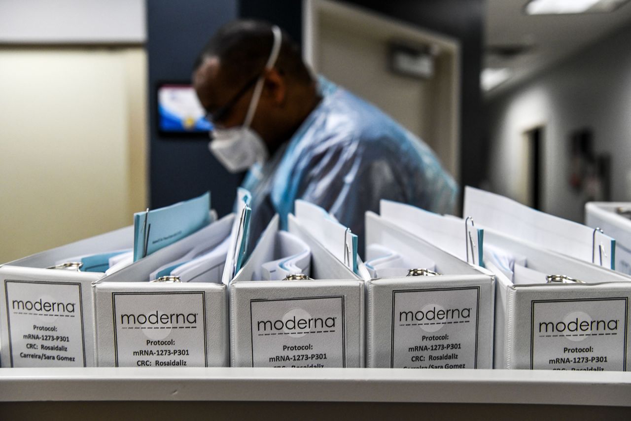 Moderna protocol files for Covid-19 vaccinations are kept at the Research Centers of America in Hollywood, Florida, on August 13.