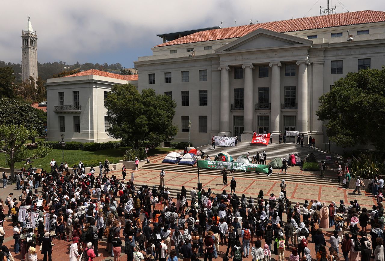 Pro-Palestinian protesters set up a tent encampment in front of Sproul Hall on the UC Berkeley campus on April 22 in Berkeley, California. Hundreds of pro-Palestinian protesters staged a demonstration in front of Sproul Hall on the UC Berkeley campus where they set up a tent encampment in solidarity with protesters at Columbia University who are demanding a permanent cease-fire in the war between Israel and Gaza. 