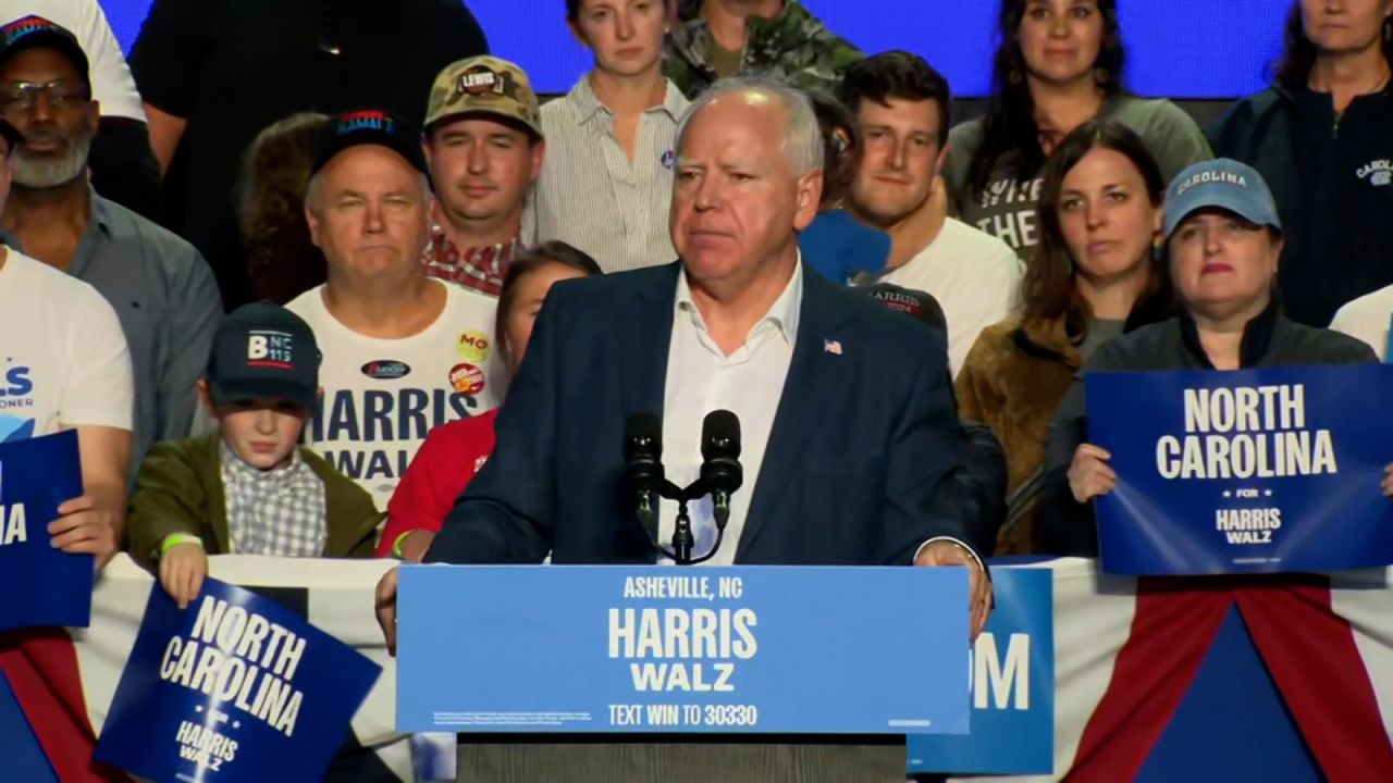 In a screengrab taken from a video, Democratic vice presidential nominee, Minnesota Gov. Tim Walz speaks in Asheville, North Carolina on September 17. 