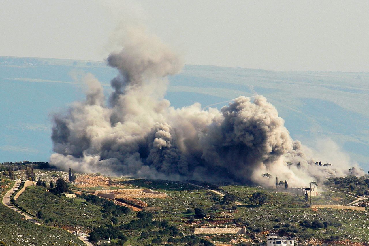 ?Smoke billows from the area of an Israeli air strike on the southern Lebanese village of Khiam near the border with Israel on March 23.