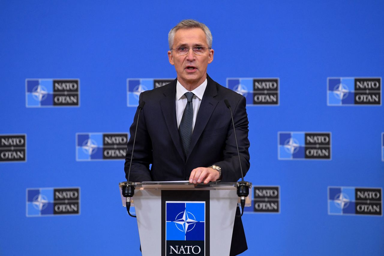 NATO Secretary General Jens Stoltenberg gives a statement on Russia's attack on Ukraine, at NATO headquarters in Brussels, Belgium, on February 24.