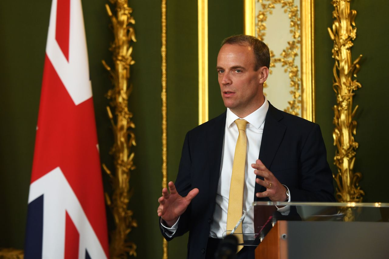 UK Foreign Secretary Dominic Raab speaks during a press conference on July 21 in London.