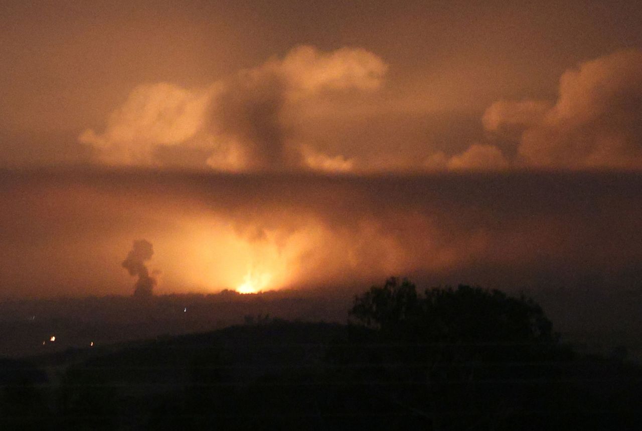 An explosion in Gaza is seen from Sderot, in southern Israel, on October 27. 