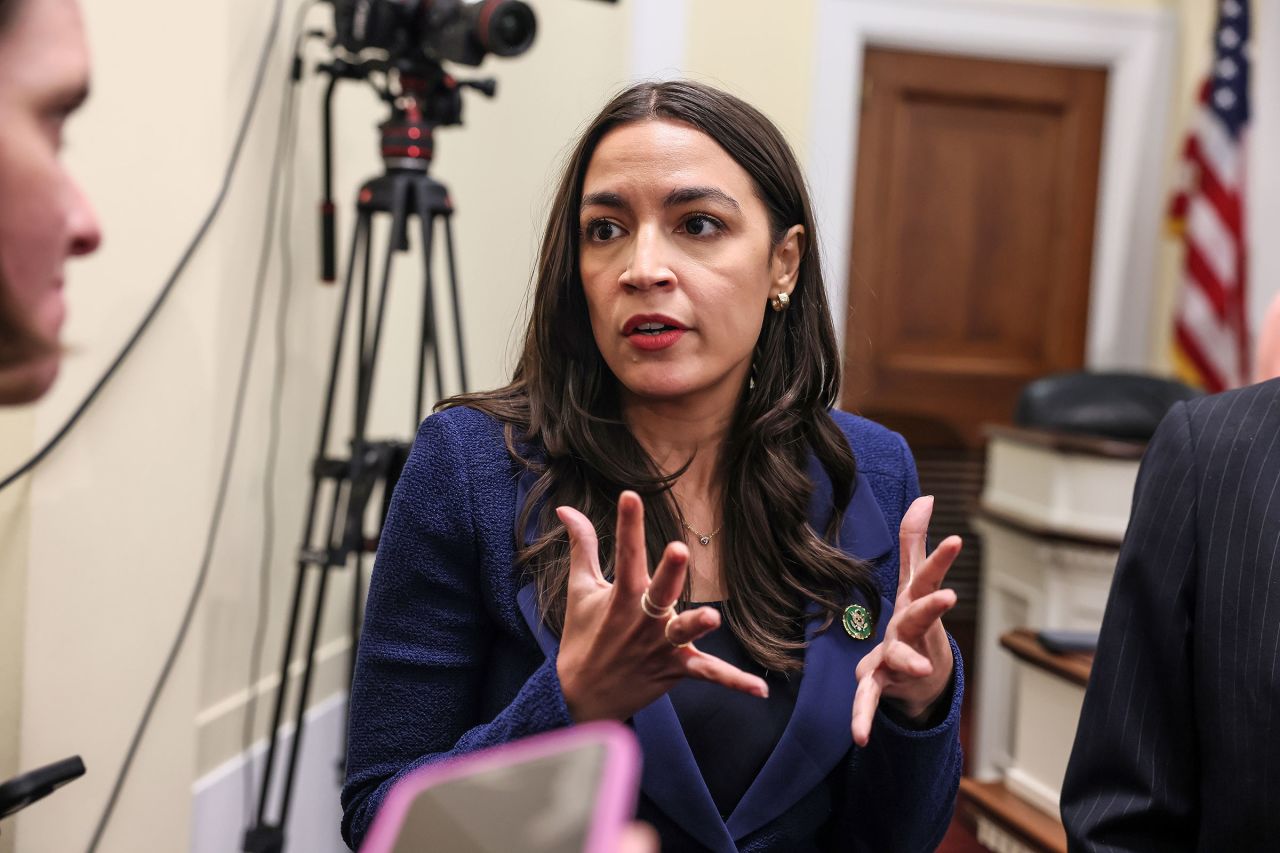 Rep. Alexandria Ocasio-Cortez speaks to journalists following a roundtable discussion on Supreme Court Ethics conducted by Democrats of the House Oversight and Accountability Committee at the Rayburn House Office Building on June 11 in Washington, DC. 