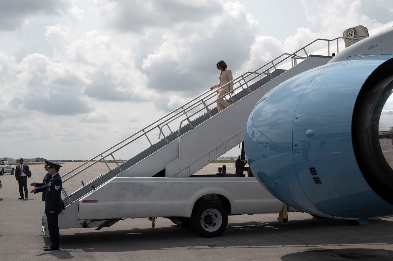 Vice President Kamala Harris arrives at the airport before attending a town hall hosted by the Zeta Phi Beta Sorority at the Indiana Convention Center on July 24 in Indianapolis, Indiana.