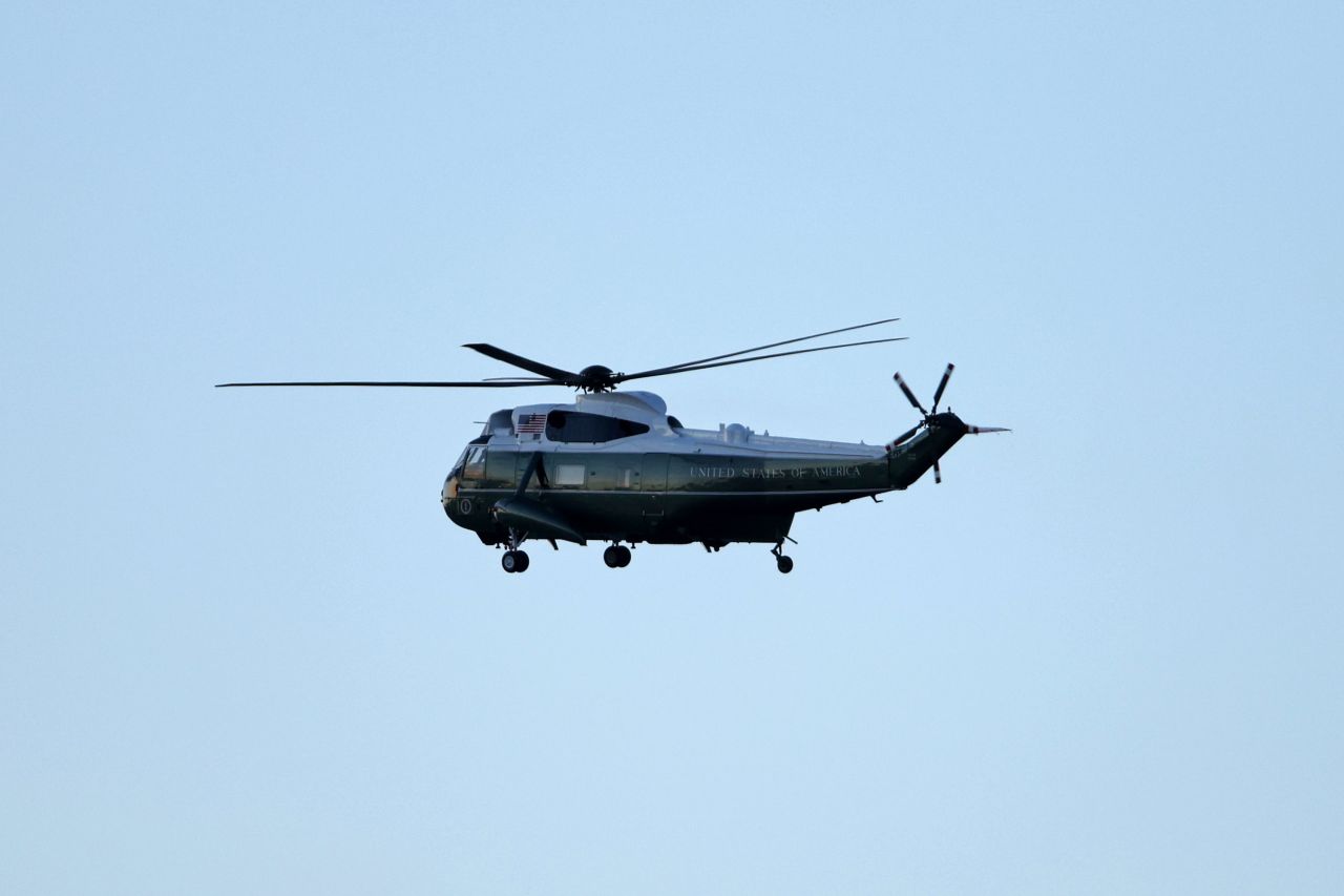 Marine One lifts off carrying President Donald Trump and first lady Melania Trump as they depart from the White House on January 20.