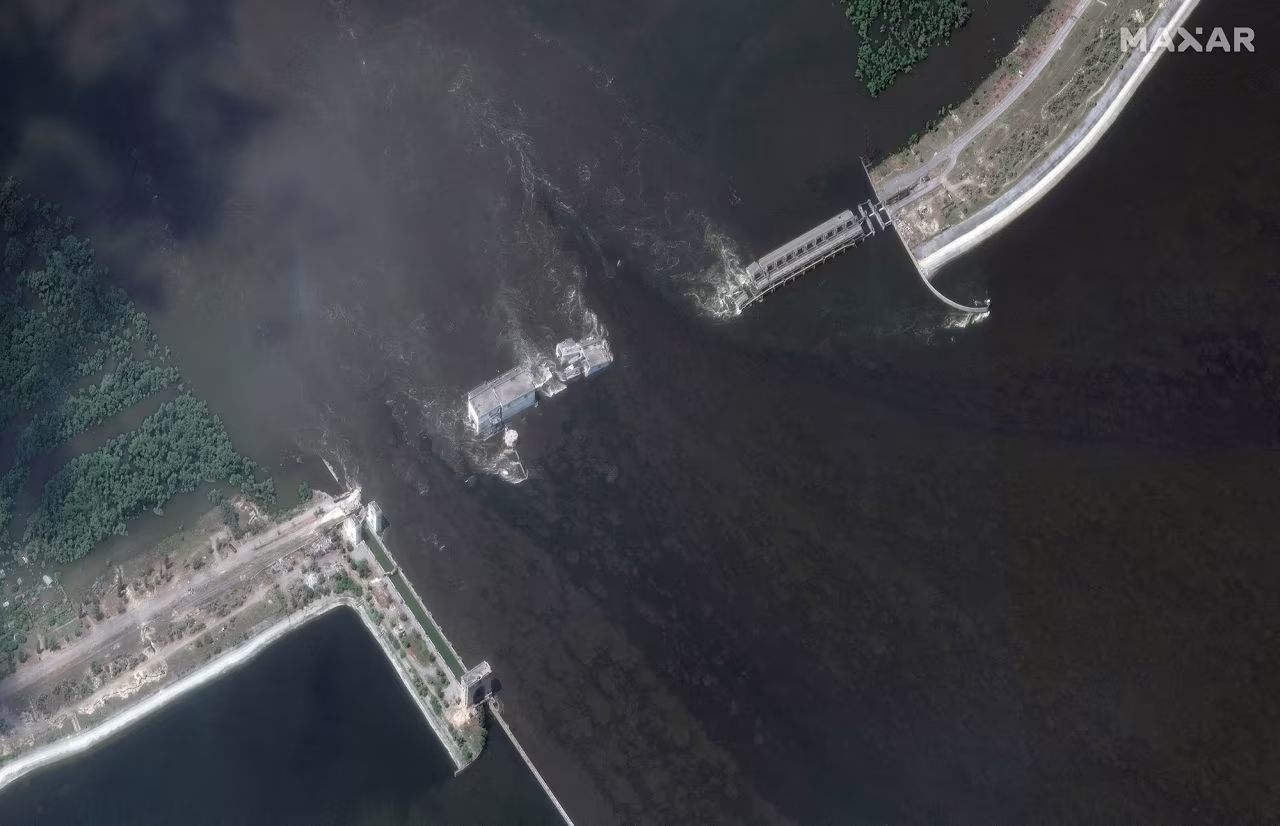 A satellite image shows the Nova Kakhovka Dam and hydroelectric plant after its collapse, in Nova Kakhovka, Ukraine, on June 7. 