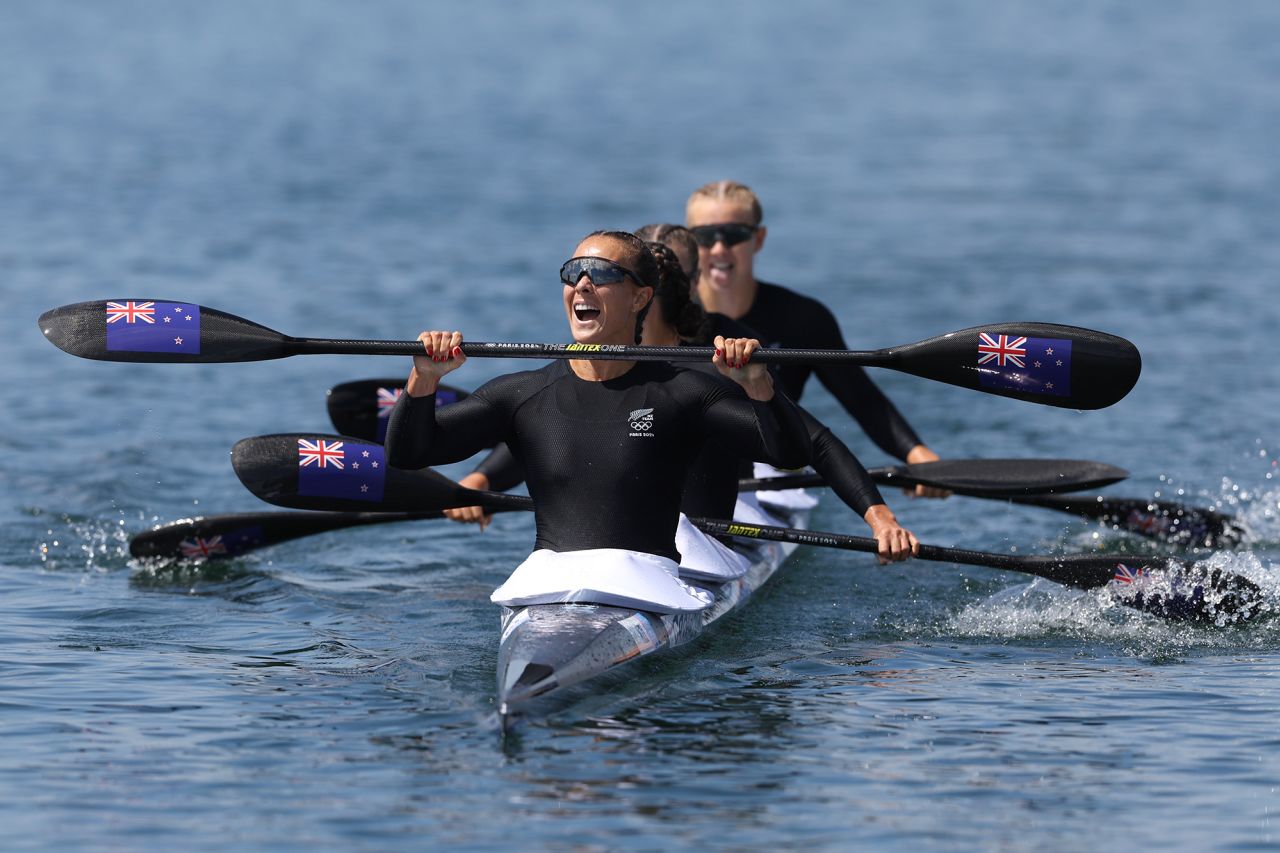 Lisa Carrington, Alicia Hoskin, Olivia Brett and Tara Vaughan of Team New Zealand celebrate winning the gold medal following the women's kayak four 500m finals on day thirteen of the Olympic Games Paris 2024 at Vaires-Sur-Marne Nautical Stadium on August 8.