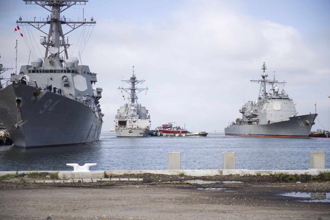 The USS Gravely, USS Nitze and the USS San Jacinto pictured leaving Naval Station Norfolk, Virginia.