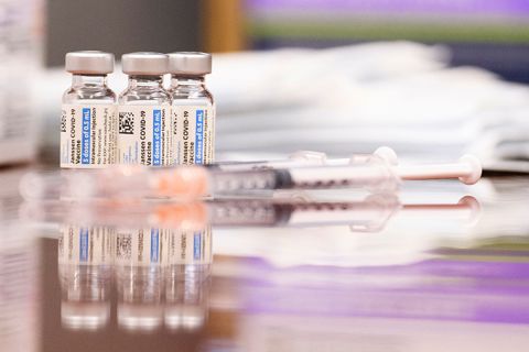 Vials and syringes of the Johnson and Johnson Janssen Covid-19 vaccine are displayed at a Culver City Fire Department vaccination clinic on August 5, 2021, in California. 