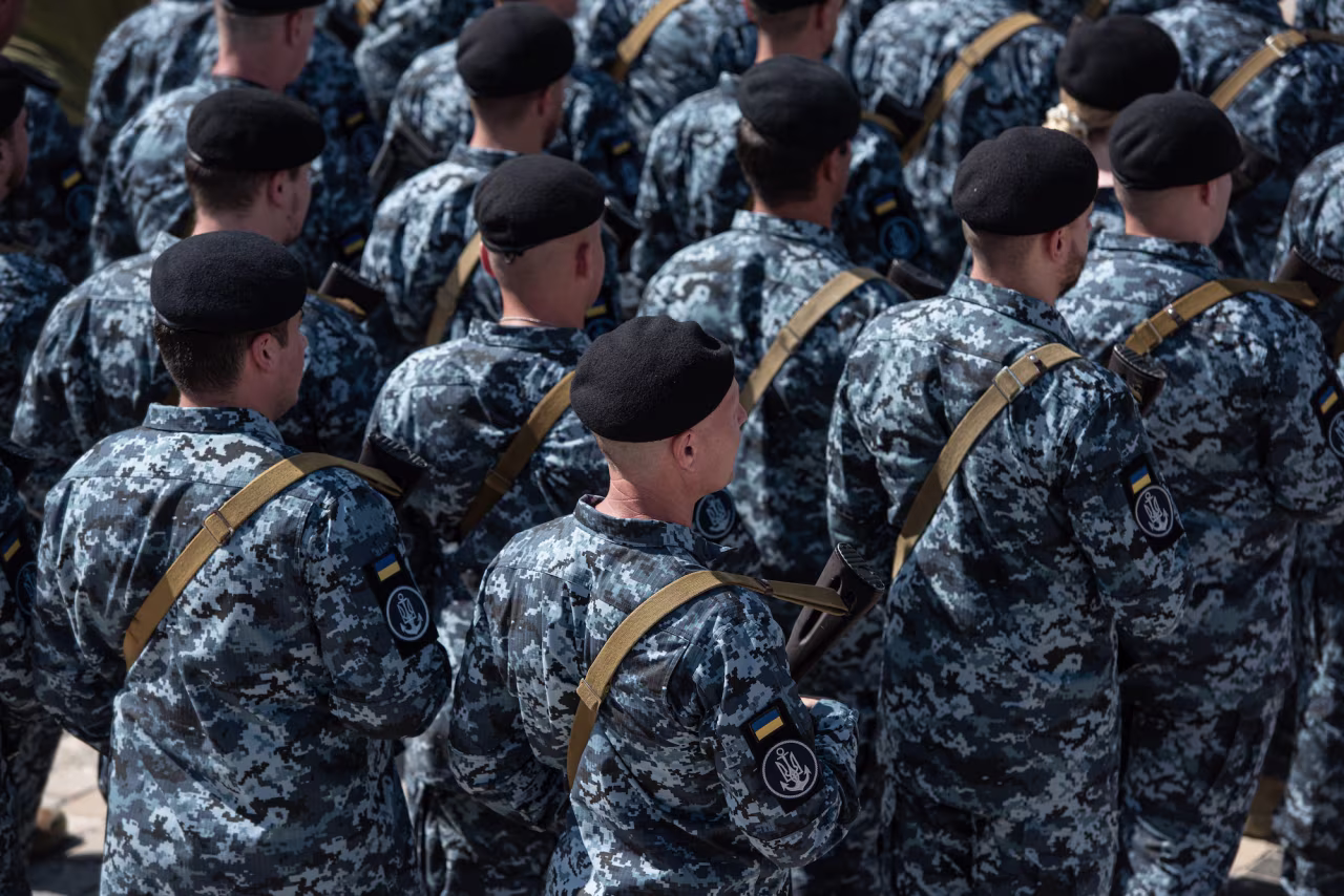  Soldiers line up during celebrations for Ukrainian Independence Day in Kyiv on August 24.