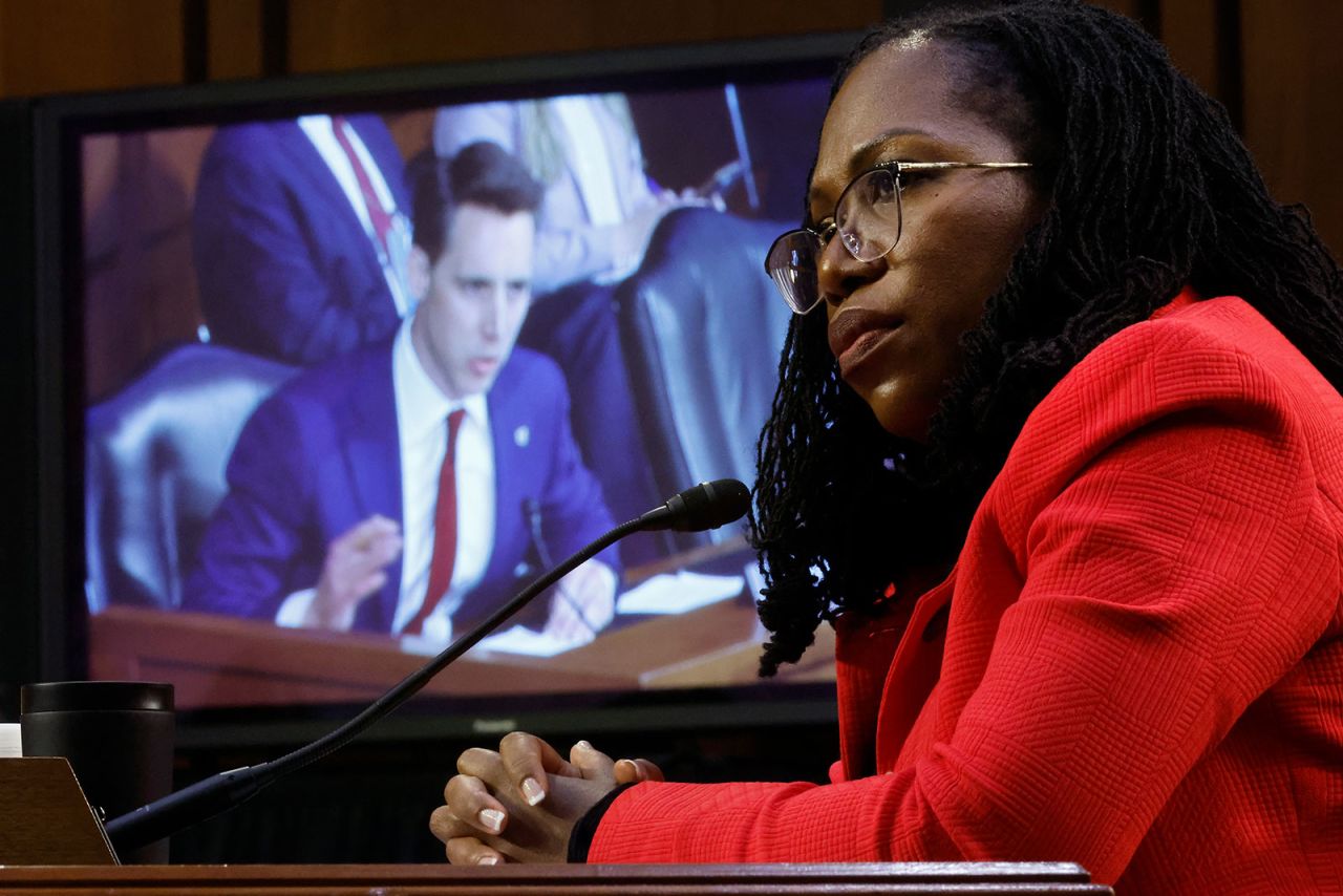 Supreme Court nominee Judge Ketanji Brown Jackson listens to Sen. Josh Hawley during her confirmation hearing Tuesday. 