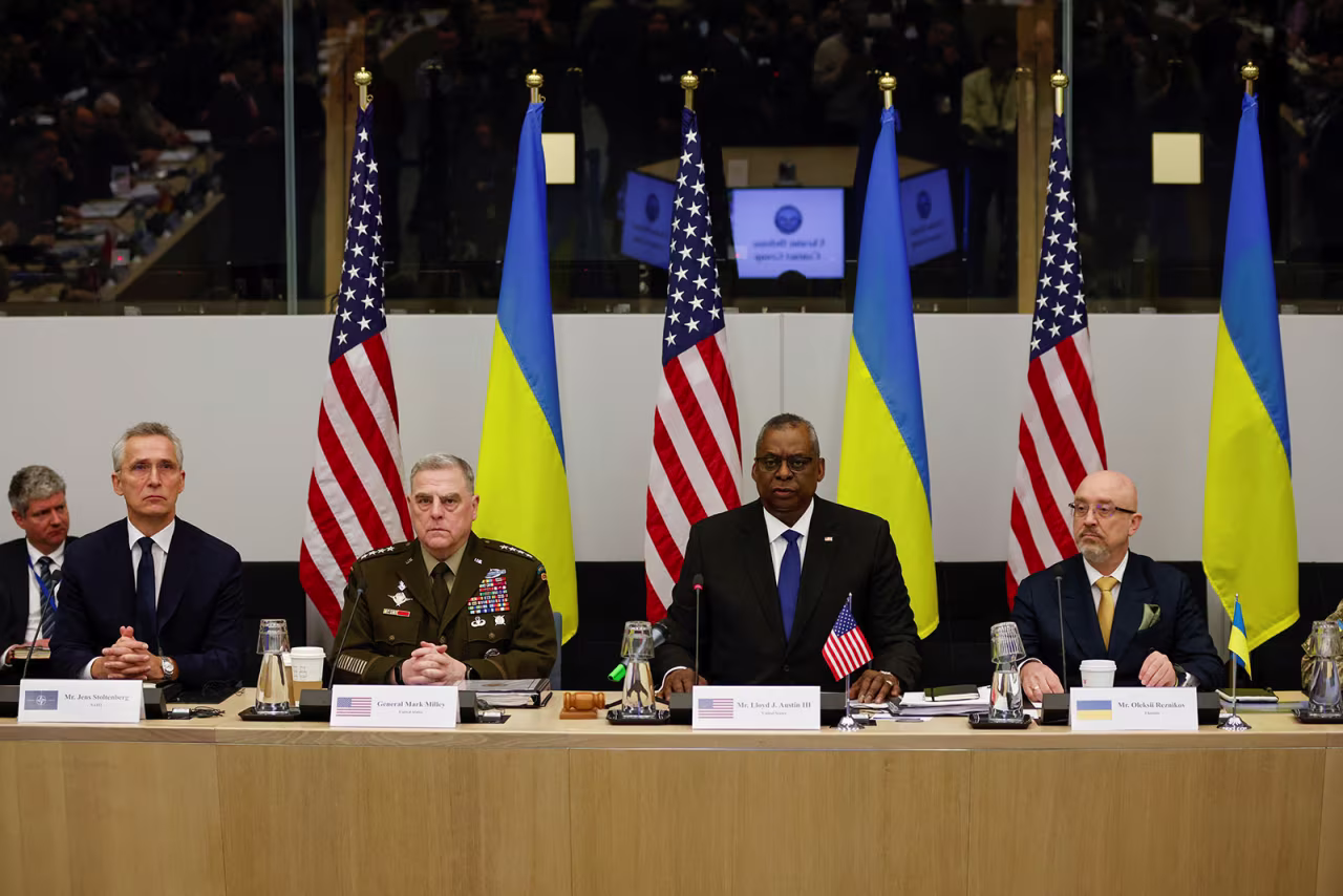 NATO Secretary General Jens Stoltenberg, US Chairman of the Joint Chiefs of Staff Gen. Mark A. Milley, US Secretary of Defense Lloyd Austin and Ukraine's Defense Minister Oleksii Reznikov attend a NATO defense ministers meeting at the Alliance's headquarters in Brussels, Belgium, on February 14.