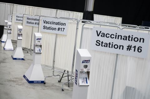 Vaccination stations are seen at the New Jersey Convention and Exposition Center in Edison, New Jersey, on January 15.
