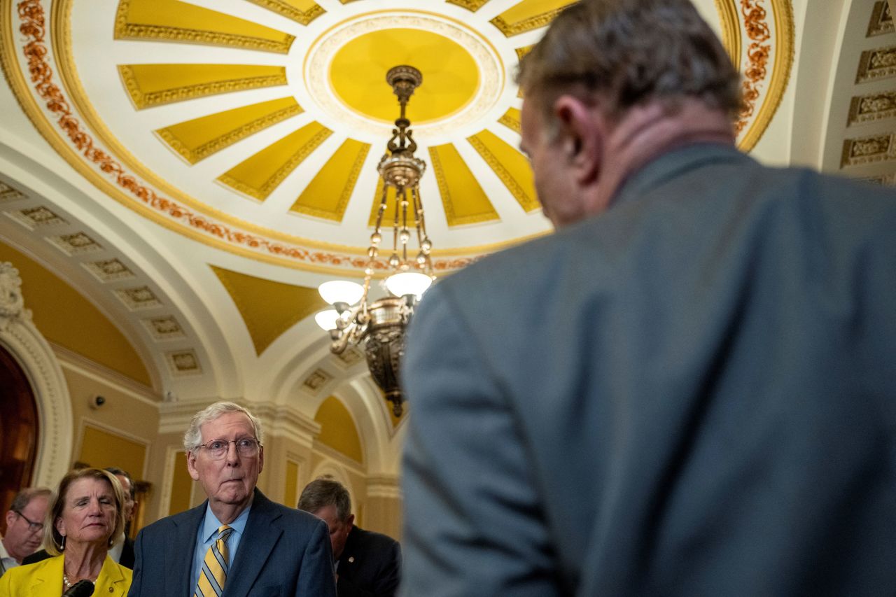 Senate Minority Leader Mitch McConnell is asked question by reporters at a press conference following the weekly Senate caucus luncheons on Capitol Hill in Washington, DC, on July 9.