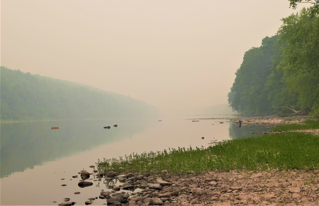 This is not a foggy morning on the Delaware River, but the smoke from Canadian wildfires which has blanketed the eastern U.S. This part of the river is just south of the Dingman's Bridge shot from the Pennsylvania shore.