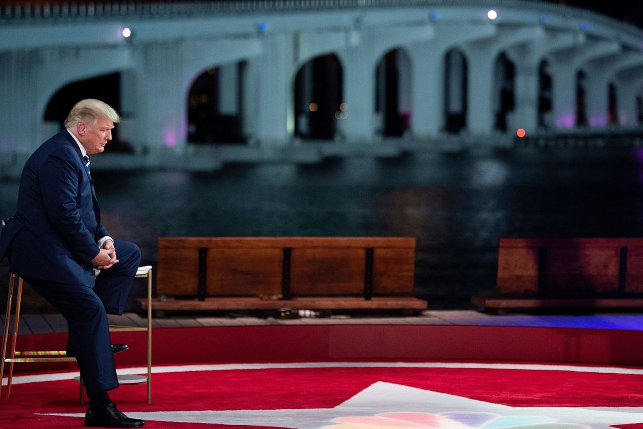 President Donald Trump looks on during a break in an NBC News town hall event at the Perez Art Museum in Miami on Thursday.