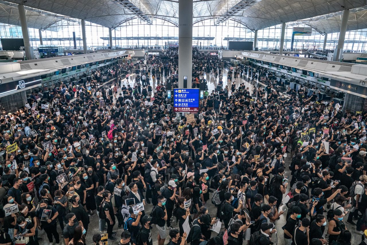 Protesters occupy the departure hall of the Hong Kong International Airport during a demonstration on August 12, 2019.