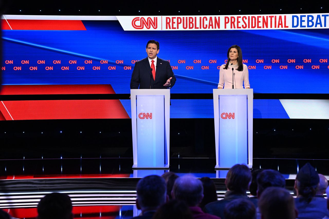 Florida Gov. Ron DeSantis and former South Carolina Gov. Nikki Haley participate in a CNN Republican Presidential Debate at Drake University in Des Moines, Iowa, on January 10. 