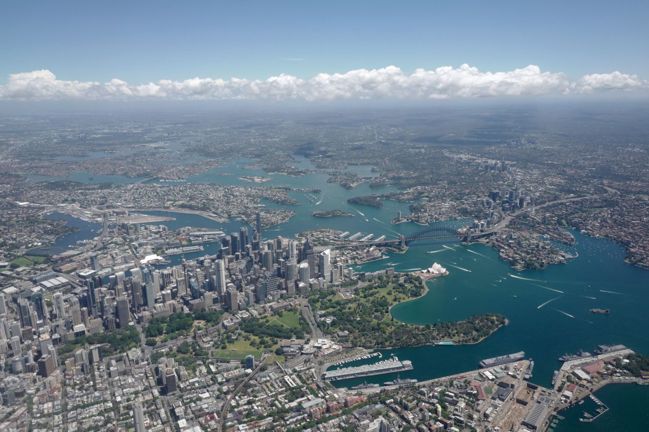 A view of Sydney Harbour is seen from a Virgin Australia aircraft departing the airport on November 6.