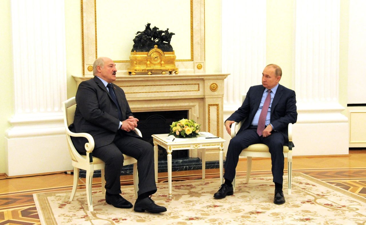 Russian President Vladimir Putin, right, meets with Belarusian President Aleksandr Lukashenkoi n Moscow, Russia, on February 18.