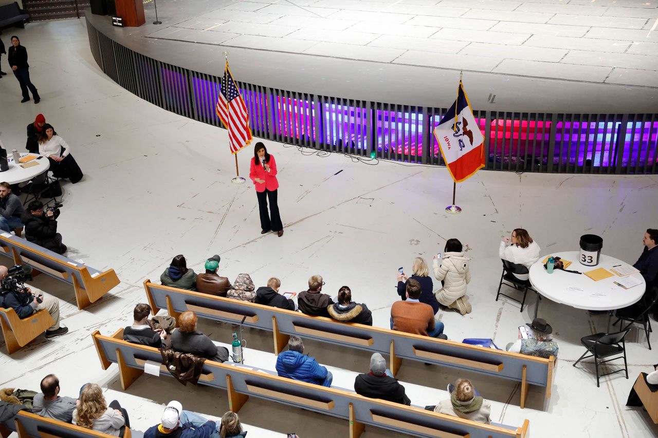 Nikki Haley visits a caucus site at Franklin Junior High on January 15, in Des Moines, Iowa.