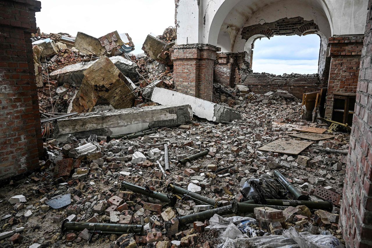 Abandoned munitions are seen inside a church in Bohorodychne village in Kramatorsk, Donetsk region, on September 13.