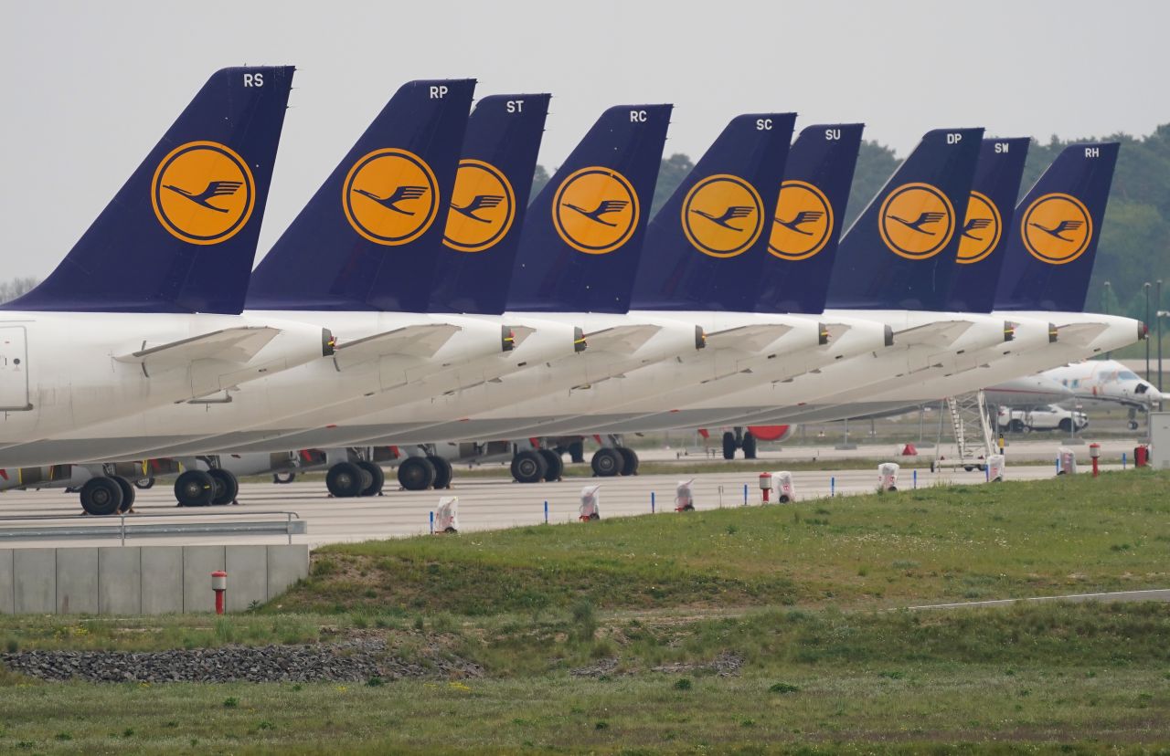 Passenger planes of German airliner Lufthansa are seen parked at Willy Brandt Berlin Brandenburg International Airport in Schoenefeld, Germany on April 28.
